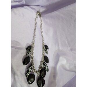 Chunky Silver Chain Necklace With Black & White Beaded Charms